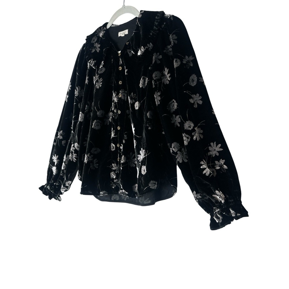 Pilcro By Anthropologie Top Women's XS Black Floral Velvet Long Sleeve Button - Picture 7 of 11